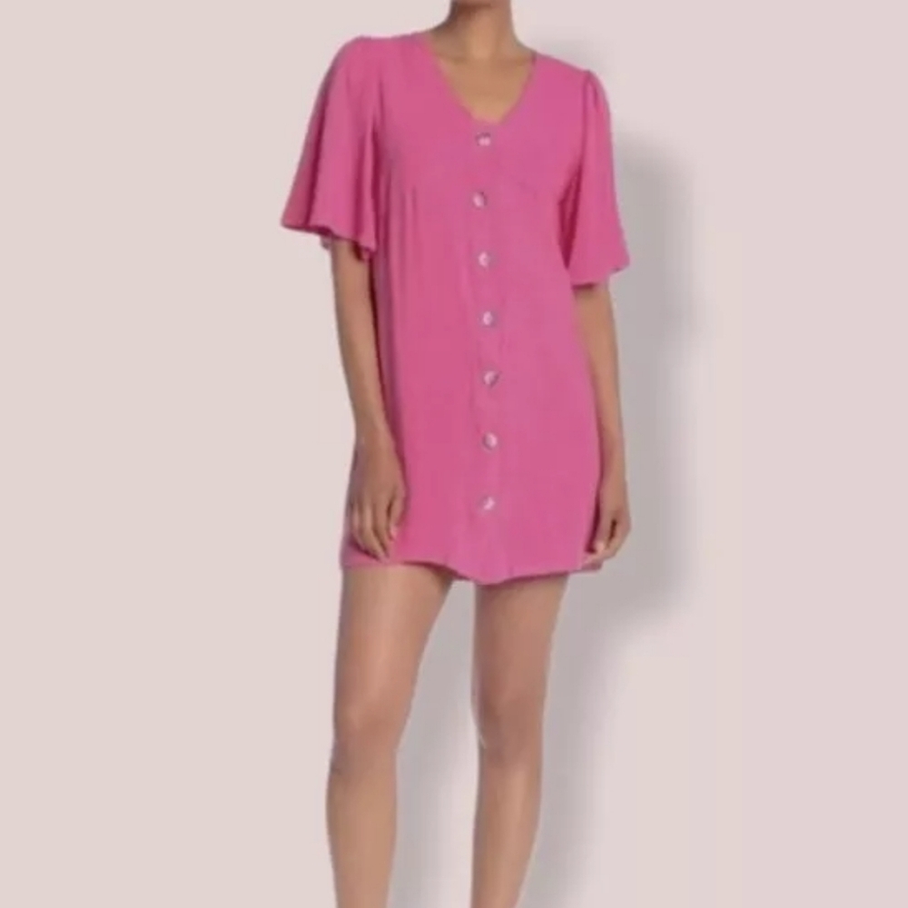 GOOD LUCK GEM Dress Womens Pink Linen Blend Button Up Mini Size Small